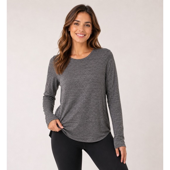 Vince Tops - Vince Womens Charcoal Grey Space Dye Long Sleeve Crewneck Back Pleat Top Size M